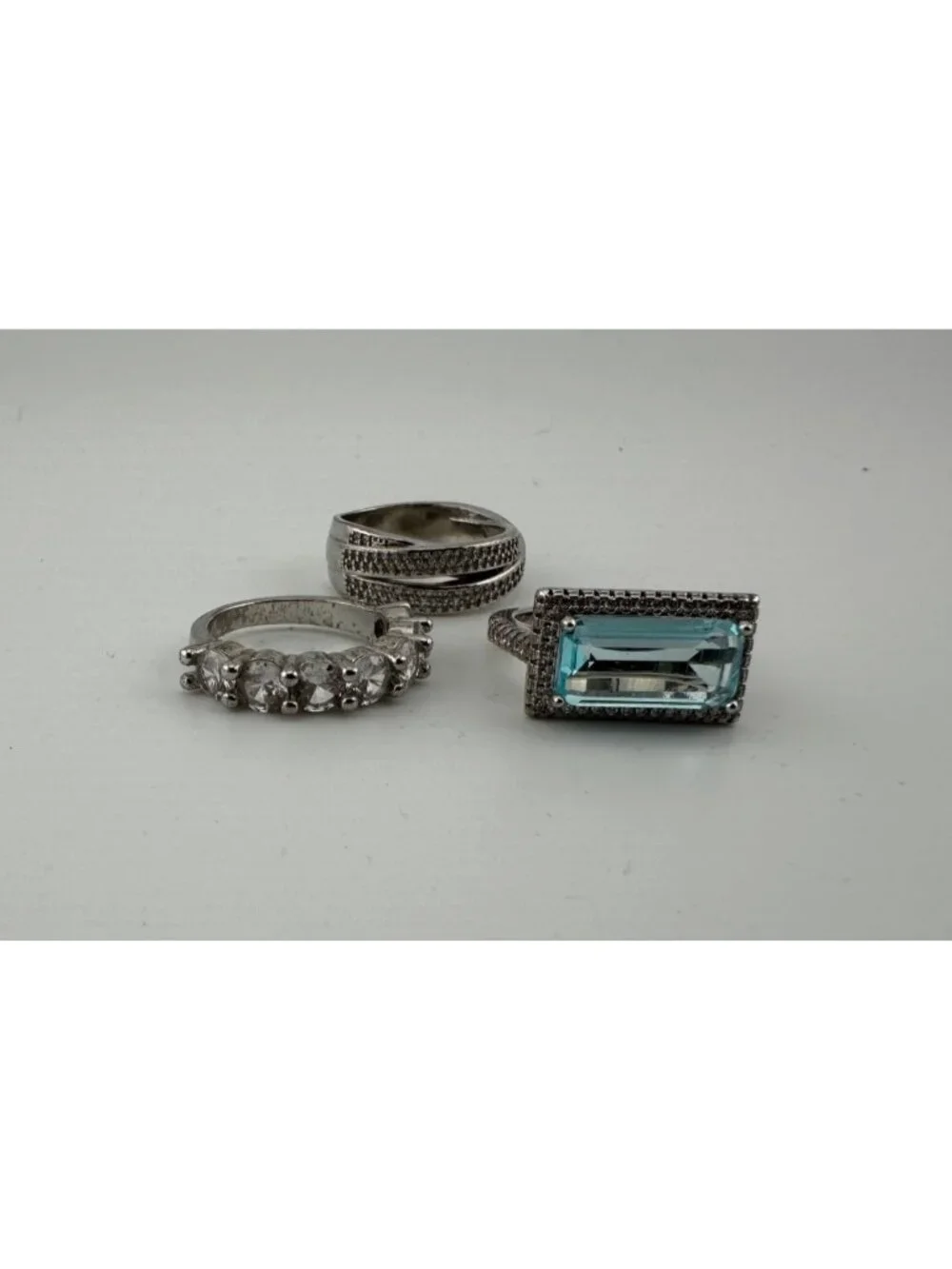 Statement Stackable Emerald Cut Aqua Zincon Silver-Tone Rings Size 6